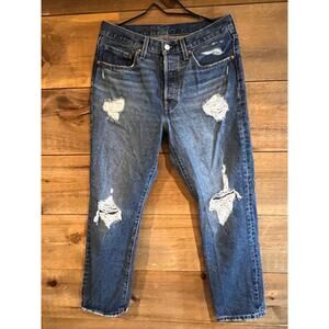 Levis 501 Button Fly Womans Worn Out Jeans Size 30/30‎ Dark Blue